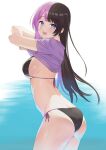  1girl :d alternate_costume arms_up ass back bikini black_bikini blue_background blue_eyes breasts brown_hair clothes_lift commentary from_side highres large_breasts long_hair looking_at_viewer multicolored_hair open_mouth pink_hair purple_shirt shirt shirt_lift short_sleeves side-tie_bikini_bottom sideboob smile solo string_bikini swimsuit tachibana_hinano thighs totto_(totto104) two-tone_hair undressing virtual_youtuber vspo! white_background 