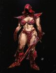  1girl 2026 armor azure_meraki bikini_armor black_background blood blood_on_hand blood_on_weapon boots face_in_shadow highres holding holding_sword holding_weapon pauldrons red_boots red_hood shoulder_armor signature simple_background solo sword the_elder_scrolls the_elder_scrolls_ii:_daggerfall weapon 