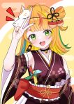 1girl :d absurdres bare_shoulders bell black_choker blonde_streaks blue_streaks blunt_bangs blush brown_kimono brown_sleeves choker commentary_request detached_sleeves fingernails frilled_sash green_eyes green_streaks hand_up highres hosinonana japanese_clothes jingle_bell kimono komawari_koma long_fingernails long_hair long_sleeves looking_at_viewer million_production multicolored_hair neck_bell notice_lines obi open_mouth orange_hair red_sash red_streaks sash sleeveless sleeveless_kimono smile solo streaked_hair teeth upper_body upper_teeth_only v virtual_youtuber wide_sleeves yellow_background 