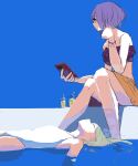  2girls bang_dream! bang_dream!_it's_mygo!!!!! bikini blue_background bracelet cellphone cup disposable_cup floating green_hair highres holding holding_phone jewelry kushima_yu long_hair lying multiple_girls on_back one-piece_swimsuit phone purple_bikini purple_hair short_hair simple_background sitting smartphone swimsuit wakaba_mutsumi white_one-piece_swimsuit yuutenji_nyamu 