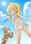  1boy 1girl abs blue_eyes blush closed_mouth cloud collarbone commentary_request earrings flat_chest hand_on_own_chest high_ponytail highres jewelry looking_at_viewer monk_(sekaiju) monk_3_(sekaiju) muscular muscular_male naga_u old old_man outdoors panties pectorals ponytail sekaiju_no_meikyuu sekaiju_no_meikyuu_3 sidelocks sovereign_(sekaiju) sovereign_2_(sekaiju) standing sun underwear white_panties 