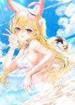  1girl :p absurdres ahoge animal_ear_fluff animal_ears bikini black_streaks blonde_hair blue_sky breasts cleavage commentary_request day fox_ears fox_girl fox_tail hair_between_eyes hand_up highres hololive kou_mashiro long_hair looking_at_viewer medium_breasts multicolored_hair ocean official_artist_extra omaru_polka one_side_up outdoors partially_submerged pink_streaks purple_eyes sky solo streaked_hair swim_ring swimsuit tail tongue tongue_out v virtual_youtuber wet white_bikini zain_(omaru_polka) 