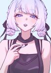  1girl black_dress black_lips blue_eyes cho_kaguya-hime! commentary cosmetics double_bun dress hair_bun highres lipstick_tube multicolored_hair open_mouth pink_streaks runami_yachiyo runami_yachiyo_(wego) sher_(imnotsher) solo streaked_hair upper_body white_hair 