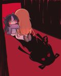  2girls aged_down black_hair black_skirt blonde_hair blunt_bangs blush brown_shoes closed_eyes closed_mouth commentary crying dress english_commentary goddess_of_victory:_nikke highres hug jacket kneeling long_hair maxwell_(nikke) maxwell_(ordinary_mechanic)_(chief_researcher)_(nikke) mming_(mmingis18) mole mole_under_eye multiple_girls off_shoulder official_alternate_costume purple_hair purple_jacket red_background shadow shoes silhouette_demon skirt smile syuen_(nikke) syuen_(young)_(nikke) two_side_up white_dress 