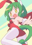  1girl animal_ear_hairband animal_ears bare_shoulders blush breasts bunny_day commentary_request detached_collar draco_centauros dragon_girl dragon_horns dragon_tail dragon_wings fake_animal_ears green_background green_hair green_tail hairband highres horns leotard looking_at_viewer ma-bonasu medium_breasts medium_hair open_mouth pantyhose playboy_bunny puyopuyo rabbit_ear_hairband rabbit_ears red_leotard red_wings sidelocks simple_background solo strapless strapless_leotard tail underwear_around_one_leg white_horns wings wrist_cuffs yellow_eyes 