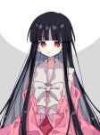  1girl black_hair blunt_bangs bow bowtie commentary_request expressionless frilled_shirt_collar frilled_sleeves frills grey_background highres houraisan_kaguya long_hair long_sleeves looking_at_viewer pink_shirt red_eyes red_skirt roamu_65 shirt sidelocks skirt solo touhou upper_body very_long_hair white_bow wide_sleeves 