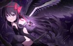  1girl absurdres akemi_homura akuma_homura black_dress commentary dark_orb_(madoka_magica) demon dress english_commentary feathered_wings glowing hair_ribbon highres mahou_shoujo_madoka_magica mahou_shoujo_madoka_magica:_hangyaku_no_monogatari ribbon solo soul soul_gem_(madoka_magica) wings x3n 