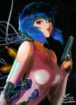  1girl absurdres aiming_up artist_name bare_shoulders black_background blue_hair bob_cut bodysuit breasts cable clothing_cutout collarbone commentary cyborg eyelashes finger_on_trigger ghost_in_the_shell gun hair_between_eyes handgun highres holding holding_gun holding_weapon inverted_bob kusanagi_motoko large_breasts lips looking_at_viewer looking_to_the_side mechanical_arms parted_lips pink_lips rae_ariadne red_eyes short_hair shoulder_cutout sidelocks signature sketch solo subdermal_port the_ghost_in_the_shell_(2026) upper_body weapon white_bodysuit 