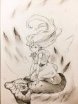  1girl arm_tattoo armlet barefoot closed_mouth commentary_request dress facial_mark floating_hair forehead_mark from_side graphite_(medium) hand_tattoo highres horns jewelry jun_(navigavi) long_hair looking_to_the_side monochrome monster original paper_background photo_(medium) pointy_ears riding riding_animal sitting sketch slit_pupils solo tattoo traditional_media 
