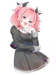  1girl aoi_nadeshiko black_ribbon black_skirt black_sweater collared_shirt commentary_request cropped_legs cropped_sweater dress_shirt gakuen_idolmaster gokugetsu_gakuen_school_uniform hair_ribbon hand_on_own_elbow high-waist_skirt highres idolmaster long_sleeves looking_at_viewer medium_hair open_mouth pink_hair purple_eyes raised_eyebrow ribbon school_emblem school_uniform shirt simple_background skirt solo sweater twintails white_background white_shirt yuanagae 