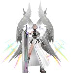  1girl armor artist_request ashley_(heimdall)_(dislyte) black_gloves breasts clothing_cutout colored_eyelashes dislyte fingerless_gloves floating_hair full_body gloves holding holding_sword holding_weapon huge_weapon large_breasts long_hair looking_at_viewer looking_down multiple_wings official_art parted_hair parted_lips shoulder_armor side_slit single_fingerless_glove solo stomach_cutout sword third-party_source transparent_background weapon white_eyes white_hair white_wings wings 