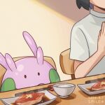  1other black_hair bowl chair chopstick_rest chopsticks commentary_request dated fish_(food) food goomy highres numera_goomy plate pokemon pokemon_(creature) rice shirt short_sleeves simmered_fish solid_oval_eyes steam table white_shirt 