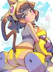  1girl animal_ears artist_logo artist_name ass back beach bikini breasts brown_fur brown_hair cat_ears cat_girl cat_tail closed_mouth cloud cloudy_sky commentary day english_commentary flying_sweatdrops from_behind furry furry_female gameoverse goggles goggles_on_head halterneck highres inkrelic kit_bodega large_breasts logo looking_at_viewer looking_back median_furrow multicolored_bikini ocean official_alternate_costume outdoors pink_eyes red_bikini sand short_hair shoulder_blades sitting sky solo strap_gap sweat swimsuit tail thighs two-tone_bikini wariza wavy_mouth whiskers yellow_bikini 