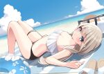  1girl bag bare_arms bare_legs bare_shoulders barefoot beach bikini black_bikini blanket blue_eyes blue_sky blush breasts brown_hair brown_sandals cloud commentary_request day groin highres horizon imouto-chan_(ominaeshi) innertube knees_up long_hair lying mismatched_bikini navel ocean ominaeshi_(takenoko) on_back original outdoors parted_lips plastic_bag sand sandals sky small_breasts solo swim_ring swimsuit transparent unworn_sandals very_long_hair water white_bikini 