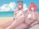  2girls absurdres beach bikini black_horns black_one-piece_swimsuit blue_eyes blue_sky breasts commentary day eldreda_sunbringer highres horns large_breasts long_hair lying medium_hair multiple_girls navel ocean on_side one-piece_swimsuit outdoors pink_hair pinkuma purple_bikini purple_eyes remielle_dan sky stomach summer swimsuit thighs very_long_hair white_wings wings yellow_eyes zenless_zone_zero 