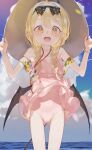  1girl biyobiyo black_hairband black_horns black_wings blonde_hair blue_archive child commentary demon_wings dress_swimsuit hairband highres horns ibuki_(blue_archive) ibuki_(swimsuit)_(blue_archive) large_hat narrow_hips one-piece_swimsuit open_mouth pink_one-piece_swimsuit swimsuit tail thigh_gap wind wind_lift wings yellow_eyes 