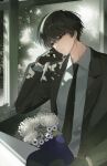 1boy absurdres bishounen black_gloves black_hair black_jacket black_necktie black_suit blazer bored bouquet business_suit closed_mouth collared_jacket collared_shirt commentary_request cowboy_shot day desk flower frown gloves hair_between_eyes hand_on_own_cheek hand_on_own_face head_rest highres holding holding_bouquet jacket lapels layered_sleeves leaning light_particles long_sleeves looking_outside male_focus necktie notched_lapels ooe_(adelta) oosaki_(ooe) open_clothes open_jacket pansy papu_(papu1006) red_eyes shirt short_hair sitting sky solo suit tree white_flower white_shirt white_sky window 