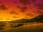  cloud evening field game_asset grass mountain mountainous_horizon no_humans non-web_source official_art orange_sky outdoors rural scenery self-datamine sky subarashiki_hibi variant_set 