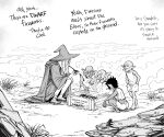  2girls 3boys absurdres bb_(baalbuddy) commentary crate desert drugs dynamite elf english_commentary english_text exhaling_smoke explosive gandalf genderswap genderswap_(mtf) goblin grass greyscale hat highres holding holding_smoking_pipe joint_(drug) lizard looking_at_another marijuana monochrome multiple_boys multiple_girls outdoors pointy_ears sandals smoking_pipe the_lord_of_the_rings tolkien's_legendarium wizard wizard_hat 
