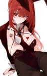  1girl alternate_costume animal_ears arm_between_breasts between_breasts black_pantyhose blush breasts brown_hair cleavage commentary fake_animal_ears goddess_of_victory:_nikke highres kji_(rozo) large_breasts leotard lipstick_mark lipstick_mark_on_breast long_hair looking_at_viewer pantyhose playboy_bunny rabbit_ears rabbit_tail rapi_(nikke) rapi_(red_hood)_(nikke) red_eyes red_hair red_leotard simple_background sitting solo tail thighband_pantyhose white_background 