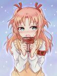  1boy arikawa_hime armband averting_eyes blue_background blue_eyes blush box brown_sweater_vest commentary_request crossdressing crossdressing_(mtf) embarrassed furrowed_brow gift gift_box hair_ribbon hands_up himegoto holding holding_box holding_gift long_hair long_sleeves looking_to_the_side male_focus menma_(tmgdn) open_mouth parted_bangs pink_hair red_armband red_ribbon ribbon school_uniform sidelocks small_sweatdrop solo sparkle_background straight-on sweater_vest trap two_side_up upper_body valentine 