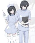  1boy 1girl :< absurdres bandaged_arm bandaged_leg bandages bandaid bandaid_on_hand black_eyes black_hair blue_dress blue_hat blue_pants blue_shirt commentary cross dress feet_out_of_frame gero_akaunko gloves hair_between_eyes hand_up hat head_tilt highres holding holding_syringe light_smile looking_at_viewer medical_scrubs medium_hair nurse nurse_cap original pants puffy_short_sleeves puffy_sleeves shirt short_sleeves syringe thighhighs untranslatable_commentary white_background white_gloves white_thighhighs zoom_layer 