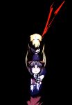  2girls 6chimomai absurdres aged_down aged_up black_mouth blonde_hair bow brown_eyes brown_hair child commentary_request detached_sleeves evil_smile gohei hair_bow hair_tubes hakurei_reimu highres holding holding_gohei long_hair multiple_girls open_mouth osana_reimu red_bow red_skirt rumia skirt skirt_set smile touhou 