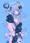  1girl absurdres black_bow black_jacket blue_background blue_eyes blue_hair blue_shirt blue_skirt blue_theme blush bow bug butterfly closed_mouth commentary cross-laced_clothes cross-laced_sleeves crown earrings frilled_shirt frilled_skirt frilled_socks frills full_body hair_bow happy_(happi_illust) heart highres holding holding_scepter holding_staff jacket jewelry long_sleeves looking_at_viewer magical_girl mini_crown off_shoulder open_clothes open_jacket original plaid_clothes plaid_skirt pointed_crown scepter shirt shoes short_hair simple_background sitting skirt socks solo sparkle staff star_(symbol) white_socks 