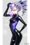  1girl blowing_bubble_gum blue_ribbon bodysuit breasts chewing_gum competition_swimsuit covered_navel goggles goggles_on_head grey_eyes grey_hair hand_on_own_hip highres honkai:_star_rail honkai_(series) latex latex_bodysuit looking_to_the_side maguro27 one-piece_swimsuit one_side_up ponytail ribbon silver_wolf_(honkai:_star_rail) skin_tight small_breasts solo swimsuit 