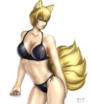  animal_ears bikini black_bikini blonde_hair breasts cleavage collarbone dated fox_ears fox_tail large_breasts multiple_tails navel short_hair side-tie_bikini solo swimsuit taikyokuturugi tail touhou yakumo_ran yellow_eyes 