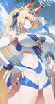  2girls absurdres animal_ears belle_(summer_skies)_(zenless_zone_zero) belle_(zenless_zone_zero) black_hat blonde_hair blue_hair blue_nails blue_one-piece_swimsuit blue_sky breasts bucket_hat cloud commentary day eyewear_on_head fingernails green_eyes hat highres horse_ears horse_girl horse_tail large_breasts long_hair multiple_girls nail_polish official_alternate_costume one-piece_swimsuit outdoors roro_(chshpp) short_hair sigrid_de_l'azur sigrid_de_l'azur_(majestic_wavechaser) sky standing sunglasses swimsuit tail thighs two-tone_one-piece_swimsuit white_one-piece_swimsuit zenless_zone_zero 