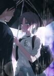  1boy 1girl absurdres asakura_toru bag black_hair black_jacket black_necktie black_umbrella blue_cardigan blue_eyes blurry blurry_background blush breasts cardigan cardigan_around_waist clip_studio_paint_(medium) clothes_around_waist collared_shirt commentary_request depth_of_field faceless faceless_male grey_nails grey_skirt highres holding holding_umbrella idolmaster idolmaster_shiny_colors jacket medium_breasts misaki_nonaka nail_polish necktie pleated_skirt producer_(idolmaster) rain school_bag school_uniform shared_umbrella shirt skirt smile suit umbrella white_shirt 