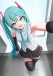  1girl aqua_eyes aqua_hair aqua_necktie armpits black_sleeves black_thighhighs detached_sleeves grey_shirt hatsune_miku hatsune_miku_(vocaloid4) highres long_hair looking_at_viewer necktie nekoinu_bamboo shirt sleeveless sleeveless_shirt smile solo thighhighs twintails v4x very_long_hair vocaloid vocaloid_append 