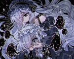  2girls bare_shoulders black_background black_ribbon blue_dress blue_hairband bow clone closed_mouth collarbone commentary constricted_pupils covering_another's_mouth crying crying_with_eyes_open dress dress_bow frilled_dress frilled_hairband frilled_sleeves frills gothic_lolita hair_bow hair_over_one_eye hair_ribbon hairband highres lolita_fashion lolita_hairband long_hair long_sleeves mahou_shoujo_no_majo_saiban minna_de_zutto_shiawase_ni_kazoku_de_issho_ni_tanoshii_party_wo multiple_girls natsume_an-an noa_rei off-shoulder_dress off_shoulder one_eye_covered polka_dot polka_dot_bow purple_eyes ribbon sleeve_bow sleeves_past_fingers sleeves_past_wrists sparkle spoilers squiggle_eyes tears untranslatable_commentary white_bow white_hair white_hairband wide_sleeves 