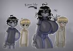  1boy 1girl age_progression ahoge ball blonde_hair blush breasts commentary english_commentary gigantic_breasts high-waist_pants holding holding_ball looking_at_another looking_at_breasts nyanlord original pants short_shorts shorts taller_female_shorter_male tomboy waving wavy_hair 