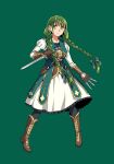  1girl bad_id bad_pixiv_id belt black_belt black_trim boots braid breasts brown_boots brown_gloves brown_vest closed_mouth collarbone dress elbow_gloves floating_hair frilled_dress frills full_body gloves green_background green_eyes green_hair green_jacket green_ribbon grey_pantyhose hair_ribbon highres holding holding_knife holding_sword holding_weapon jacket knee_boots knife leather leather_boots leather_gloves leather_vest light_frown long_hair looking_at_viewer medium_breasts medium_dress minami_seira official_art pantyhose pink_lips promotional_art reverse_grip ribbon rishia_ivyred short_sword simple_background solo split_mouth sword tate_no_yuusha_no_nariagari twin_braids v-shaped_eyebrows vest weapon white_dress 