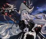 1girl absurdly_long_hair absurdres aqa arknights bare_shoulders black_dress black_hat breasts commentary_request detached_sleeves dress grey_hair hat hat_ornament highres holding holding_weapon large_breasts long_hair looking_at_viewer official_alternate_costume red_eyes scroll sleeveless sleeveless_dress smile solo specter_(arknights) specter_the_unchained_(arknights) upper_body very_long_hair weapon 