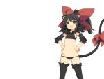  1girl :d ahoge animal_ears areola_slip bell black_hair black_panties black_thighhighs blush bow cat_ears cat_tail covered_nipples cowboy_shot crop_top detached_sleeves evenicle evenicle_(series) fang flat_chest fur_trim game_asset gurigura_(evenicle) hand_on_own_hip huge_bow long_hair looking_at_viewer navel neck_bell non-web_source official_art open_mouth panties ponytail red_bow self-datamine sidelocks simple_background smile solo standing tachi-e tail tail_bow tail_ornament thighhighs thighs transparent_background underwear variant_set yaegashi_nan yellow_eyes 