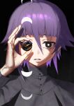  1other absurdres androgynous ball black_background black_dress black_eyes bright_pupils capelet crescent crona_(soul_eater) dress grey_capelet hair_between_eyes half_moon high_collar highres holding holding_ball long_sleeves looking_at_viewer moon moon_phases moon_phases_over_eye official_alternate_costume other_focus painterly parted_lips piyo_main portrait purple_hair short_hair simple_background solo soul_eater soul_eater_moon straight-on white_pupils 