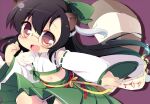  1girl :d animal animal_ears bare_shoulders black_hair blush bow cat commentary_request cowboy_shot crop_top cropped_kimono detached_sleeves double-parted_bangs draw_an_original_girl_with_all_the_traits_that_your_followers_like drop_shadow fang glasses green_skirt hair_between_eyes hair_bow holding holding_ofuda japanese_clothes kimono long_hair long_sleeves looking_at_viewer matatabi_(nigatsu) midriff navel ofuda open_mouth original pleated_skirt purple_background raccoon_ears raccoon_girl raccoon_tail red_bow red_eyes ribbon-trimmed_sleeves ribbon_trim simple_background skirt sleeveless sleeveless_kimono smile solo tail white_kimono wide_sleeves 