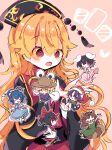  6+girls alcohol alternate_eye_color animal_ears arm_up back_bow barefoot belt black_belt black_dress black_hair black_hat black_scarf black_shoes blonde_hair blue_dress blue_hair blush book bow bowl bowtie breasts brown_hair carrot_necklace chibi chinese_clothes closed_eyes closed_mouth collared_vest commentary_request crescent dalachi_(headdress) doremy_sweet dress drill_hair flying futatsuiwa_mamizou glasses green_jacket grey_bow hair_between_eyes hair_ornament hand_on_own_face hand_up hands_up hat heart highres horns inaba_tewi jacket japanese_clothes jewelry junko_(touhou) kaku_seiga katana konngara_(touhou) leaf leaf_on_head long_hair long_sleeves looking_at_another looking_back looking_down looking_to_the_side medium_breasts moriya_suwako multiple_girls necklace no_shoes one_eye_closed open_book open_clothes open_mouth open_vest orange_hair pink_background pink_dress pink_eyes plaid_clothes plaid_scarf pom_pom_(clothes) ponytail puffy_short_sleeves puffy_sleeves purple_belt purple_dress purple_eyes purple_hair rabbit_ears raccoon_ears raccoon_tail red_eyes red_hat red_vest roamu_65 sake scarf shirt shoes short_hair short_ponytail short_sleeves sidelocks simple_background single_horn sitting smile socks standing sword tabard tail touhou touhou_(pc-98) touhou_17th_popularity_poll vest weapon white_scarf white_shirt white_socks white_vest wide_sleeves yellow_bow yellow_bowtie yellow_eyes 