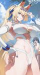  2girls abs absurdres animal_ears belle_(summer_skies)_(zenless_zone_zero) belle_(zenless_zone_zero) black_hat blonde_hair blue_hair blue_nails blue_ribbon blue_sky breasts bucket_hat cleavage cloud commentary day eyewear_on_head fingernails from_below goggles goggles_on_head green_eyes hand_on_own_hip hat highres horse_ears horse_girl horse_tail large_breasts long_hair multiple_girls nail_polish navel official_alternate_costume one-piece_swimsuit outdoors ribbon roro_(chshpp) short_hair sigrid_de_l'azur sigrid_de_l'azur_(majestic_wavechaser) sky standing sunglasses swimsuit tail thighs white_one-piece_swimsuit zenless_zone_zero 