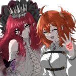  2girls :d ;d baobhan_sith_(fate) baobhan_sith_(third_ascension)_(fate) bare_shoulders breasts chaldea_master_uniform closed_mouth command_spell commentary crown english_commentary fate/grand_order fate_(series) fujimaru_ritsuka_(female) grand_servant_(fate/grand_order) hair_between_eyes hand_up highres large_breasts liuttpyllia long_hair long_sleeves multiple_girls one_eye_closed open_mouth orange_hair pointy_ears red_hair side_ponytail simple_background smile upper_body white_background yellow_eyes 