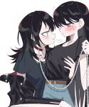  2girls bang_dream! bang_dream!_it's_mygo!!!!! black_hair black_jacket black_shirt breasts chain collar green_eyes highres holding holding_leash jacket leash long_hair medium_breasts mole mole_under_eye multiple_girls off_shoulder purple_eyes red_collar shiina_taki shirt simple_background white_background yahata_umiri yuri zikiki1092 