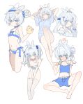  1girl ahoge arm_behind_head arms_between_legs arms_up bare_legs bare_shoulders barefoot bikini blue_bikini blue_camisole blue_eyes blue_shorts blush bon_(bony_53) breasts camisole closed_mouth commentary cropped_legs cropped_torso english_commentary full_body grey_hairband hair_between_eyes hair_bun hair_ornament hairband hand_on_own_leg hand_up highres holding holding_toy legs leotard looking_at_viewer multicolored_bikini multiple_views navel no_pants one_eye_closed open_mouth original shirt short_hair short_sleeves shorts simple_background sleeveless small_breasts spiked_hairband spikes stomach sweat swimsuit t-shirt thighhighs toy two-tone_bikini v white_background white_bikini white_hair white_leotard white_shirt white_thighhighs x_hair_ornament 