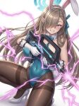  1girl animal_ears assault_rifle asuna_(blue_archive) asuna_(bunny)_(blue_archive) asymmetrical_bangs black_pantyhose blue_archive blue_bow blue_bowtie blue_halo blue_leotard blue_ribbon bow bowtie bullpup commentary_request covered_navel detached_collar electricity energy_beam fake_animal_ears famas firing gloves guchurimu_genrishugi gun hair_over_one_eye halo highleg highleg_leotard highres kneeling leotard long_hair official_alternate_costume pantyhose playboy_bunny rabbit_ears ribbon rifle solo strapless strapless_leotard thighband_pantyhose traditional_bowtie weapon white_background white_gloves 