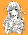  1girl alternate_hair_length_(longer) alternate_hairstyle blush closed_mouth commentary_request crossed_arms dress greyscale_with_colored_background hasu_no_sora_school_uniform highres hinoshita_kaho long_hair long_sleeves looking_at_viewer love_live! love_live!_hasu_no_sora_jogakuin_school_idol_club neckerchief orange_background sailor_collar sailor_dress school_uniform signature simple_background smile solo sparkle twitter_username two_side_up virtual_youtuber white_(waterwhite) winter_uniform 