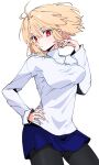  1girl antenna_hair arcueid_brunestud black_pantyhose blonde_hair blue_skirt breasts citron80citron commentary_request contrapposto finger_to_cheek floating_hair hand_on_own_hip hand_up jewelry looking_at_viewer miniskirt necklace o3o pantyhose plaid_clothes plaid_skirt red_eyes short_hair simple_background skirt solo sweater tsukihime tsukihime_(remake) turtleneck turtleneck_sweater white_sweater wind 