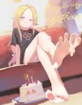  1girl arm_support barefoot black_shirt blonde_hair blue_eyes cake closed_mouth commentary couch crossed_legs dated feet finger_to_cheek food food_on_foot foot_focus foreshortening full_body happy_birthday highres long_hair on_couch original panties plate pointy_ears presenting_own_foot shirt short_sleeves sitting smile soles solo spread_toes toenails toes underwear untranslatable_commentary white_panties youyueyue 