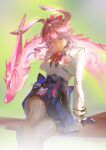  1girl animal_ears archionturkey black_gloves black_pantyhose blue_eyes blue_skirt bow bowtie breasts commentary evanescia_(honkai:_star_rail) fox fox_ears fox_girl gloves highres honkai:_star_rail honkai_(series) jacket looking_at_viewer medium_breasts pantyhose pink_hair red_bow red_bowtie shirt short_hair_with_long_locks sitting sitting_on_branch skirt solo white_jacket white_shirt 